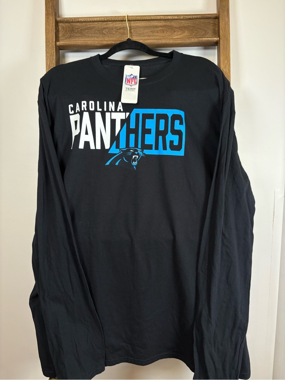 NFL Carolina Panthers Black Long Sleeve Team Tee with Blue Logo NWT. SZ 2XL